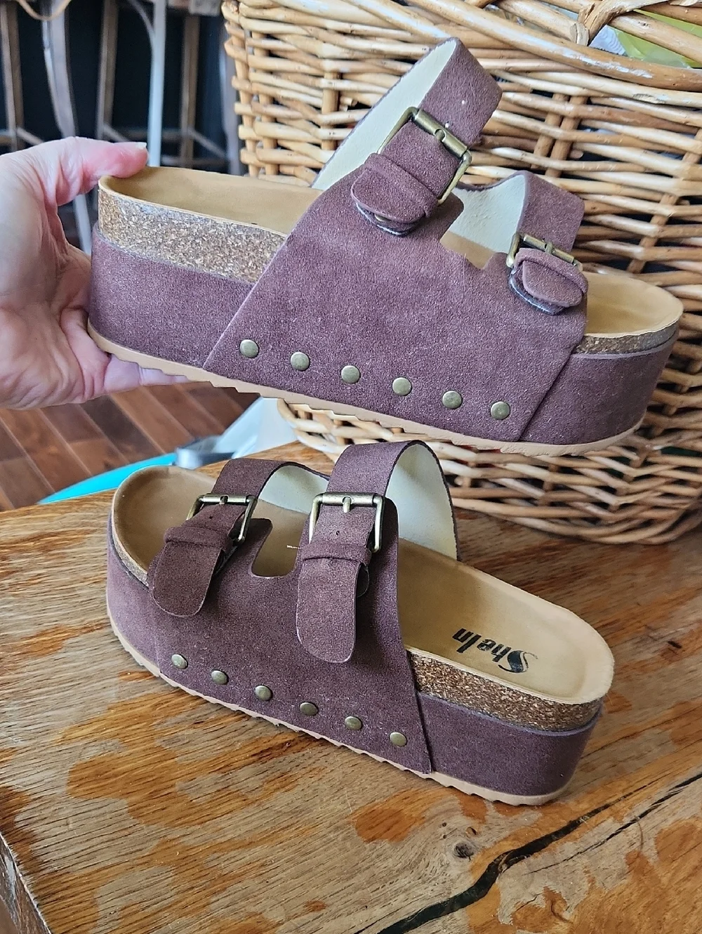 Women's sz 8 BOHO Buckle Platform Slides Sandals Brown‎